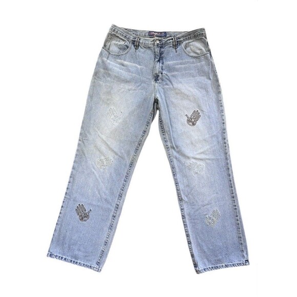 Y2K Miskeen Embroidered All Over Print Hand Print Jeans - Picture 1 of 10